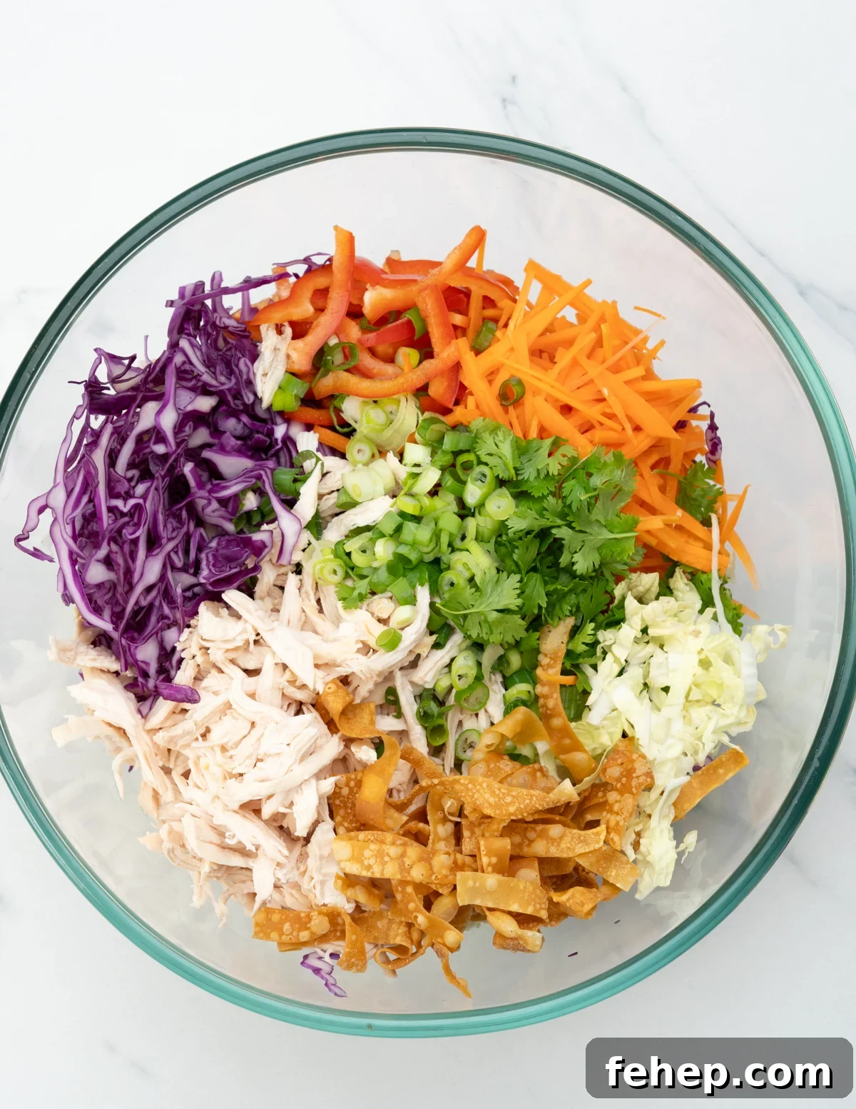 Shredded Chicken, veggies, wonton strips, cilantro, green onion all ready to be tossed in Sesame dressing. 