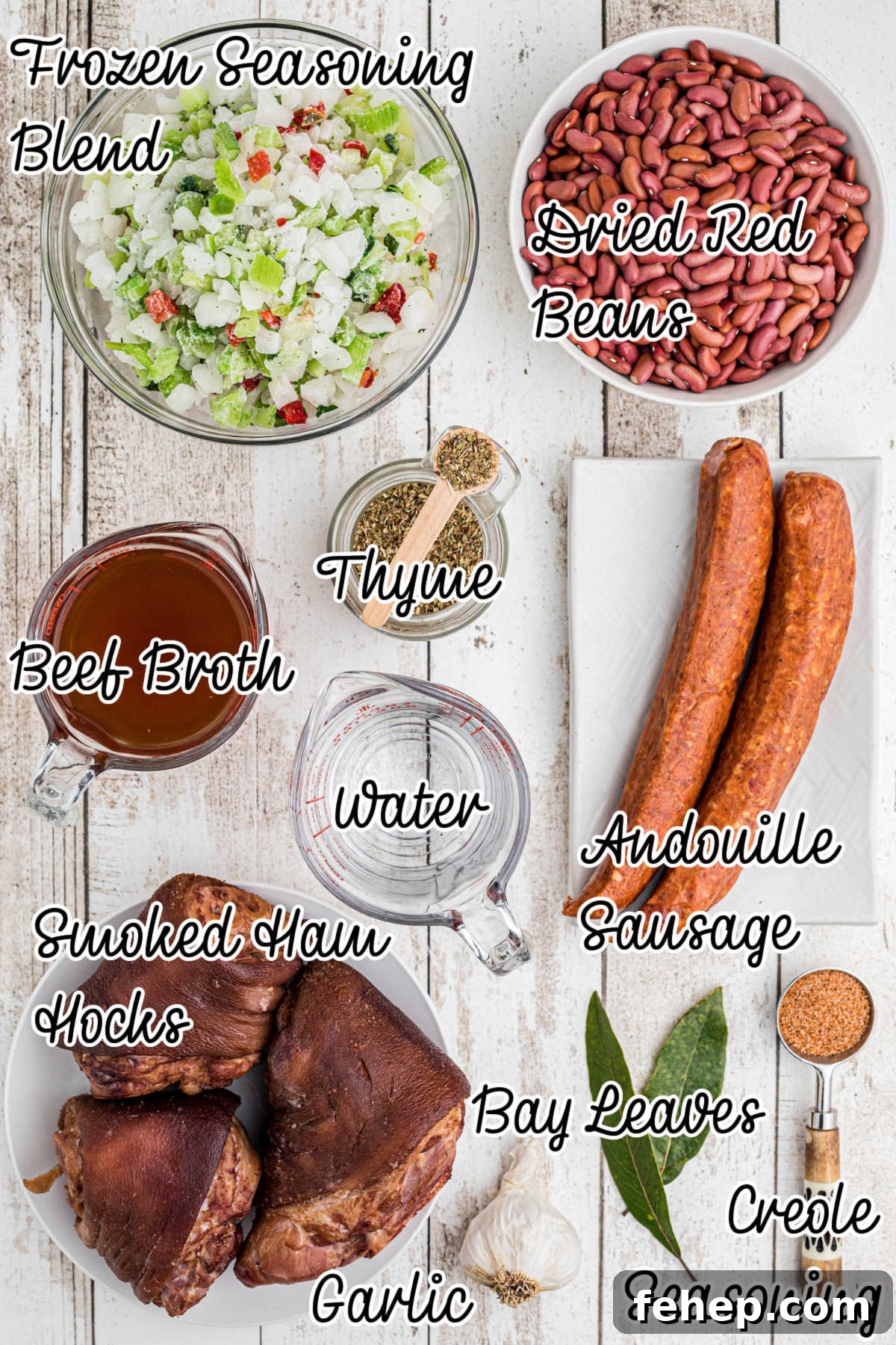 Ingredients laid out for what would be needed to make red beans and rice with ham hocks, with text overlay.