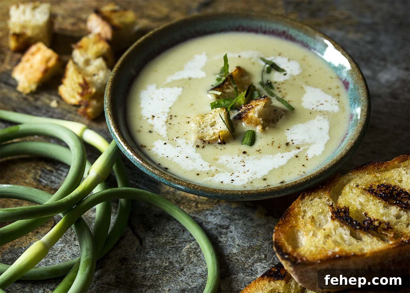 A bowl of cold garlic scape soup topped with garnishes. Grilled bread and garlic scapes scattered about.