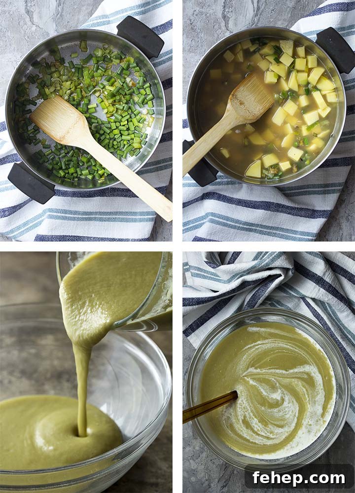 Step by step photos of how to make garlic scape vichyssoise.