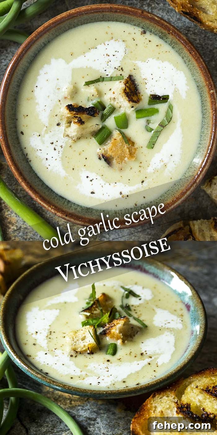 Wondering how to use garlic scapes? A great way to use them is to make a cold garlic scape soup! Perfect for summer and easy to make ahead. Scapes and leeks sauteed in butter and simmered with potatoes make a great twist on the classic French vichyssoise.