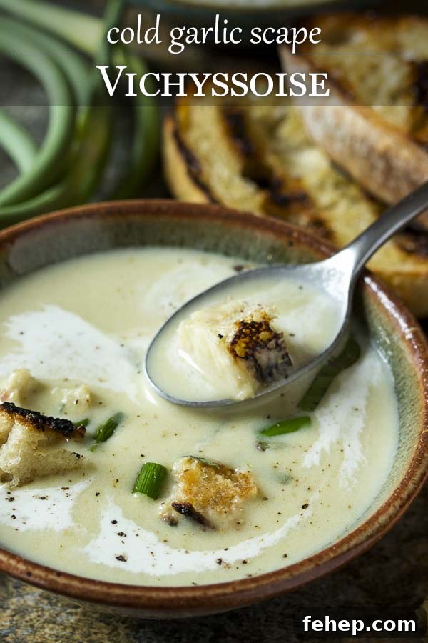 Wondering how to use garlic scapes? A great way to use them is to make a cold garlic scape soup! Perfect for summer and easy to make ahead. Scapes and leeks sauteed in butter and simmered with potatoes make a great twist on the classic French vichyssoise.
