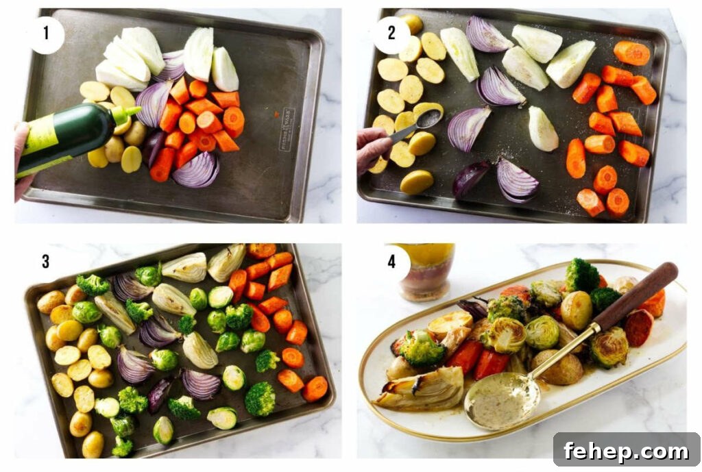 Four photos showing how to make roasted mixed vegetables on a sheet pan.