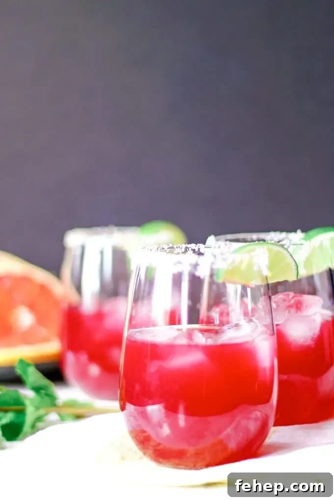 three grapefruit hibiscus margaritas grapefruit slices and fresh mint
