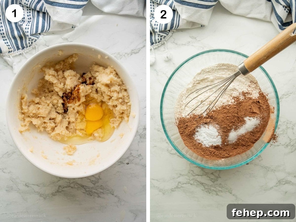 Eggs in sugar and vanilla in bowl, and dry ingredients in separate bowl.