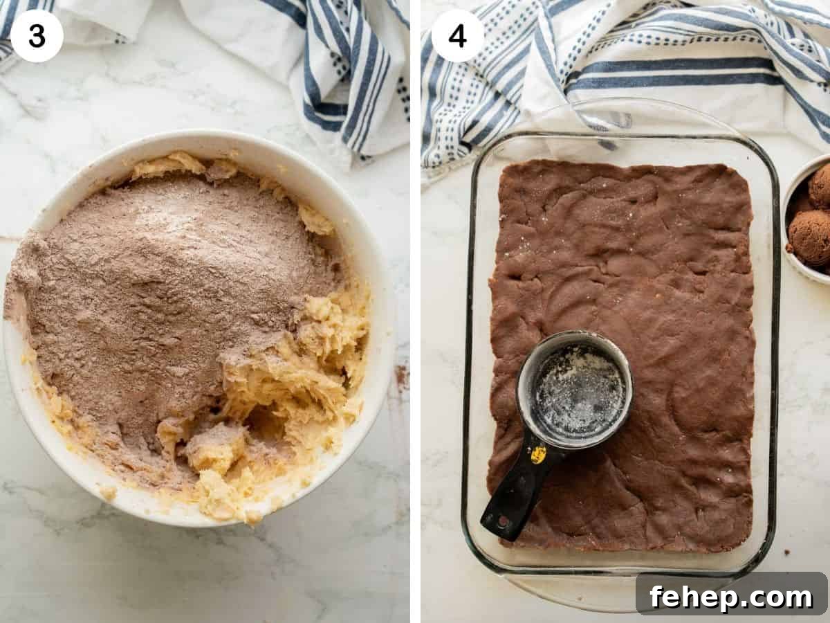 Dry ingredients in bowl of dough and dough pressed into 9x13 pan.