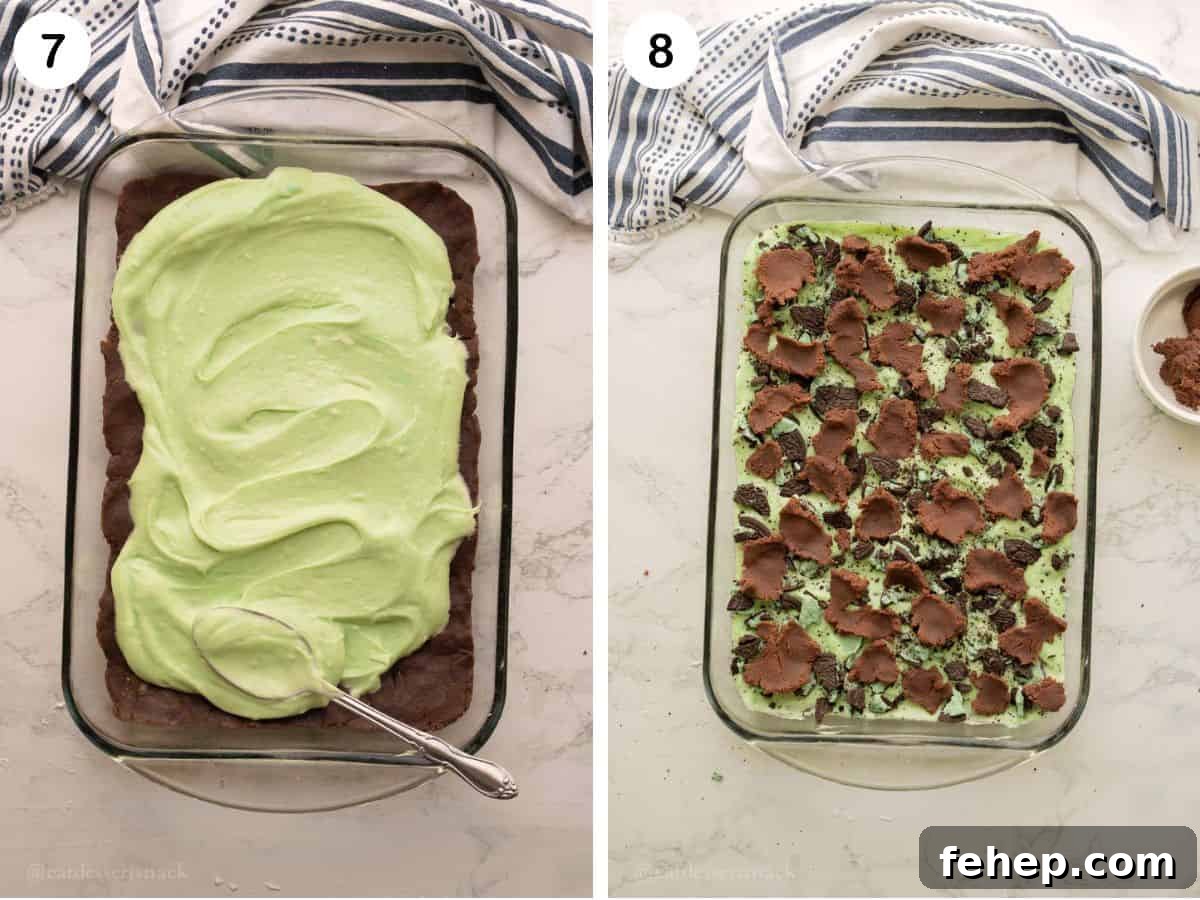 Spreading mint cheesecake filling on raw dough, and crumbled Oreos on top of brownie dough.