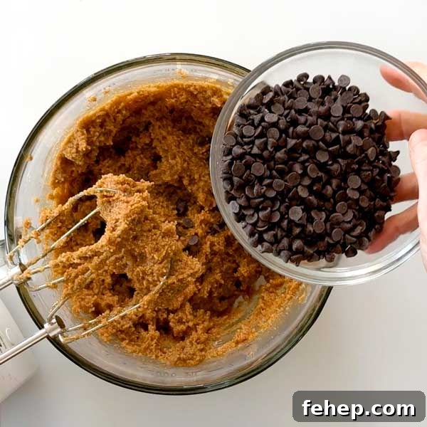 Adding chocolate chips to cookie dough