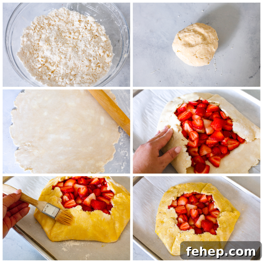 Step-by-step photos showing dough prep and assembly of a strawberry galette.