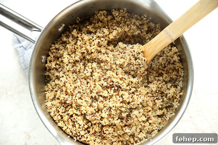 A pot of quinoa with a wooden cooking spoon inserted at an angle on the right.