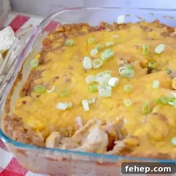 Cream Cheese Bean Dip in a glass pan with green onions on top.