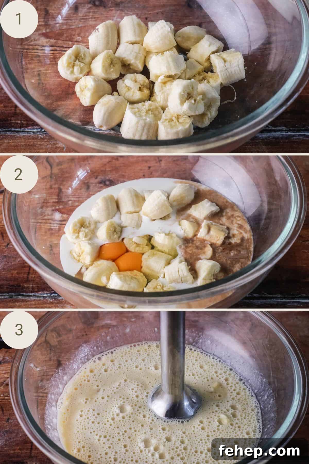 Chunked up ripe bananas in a mixing bowl. Followed by the rest of the wet ingredient and blended together using an immersion blender.