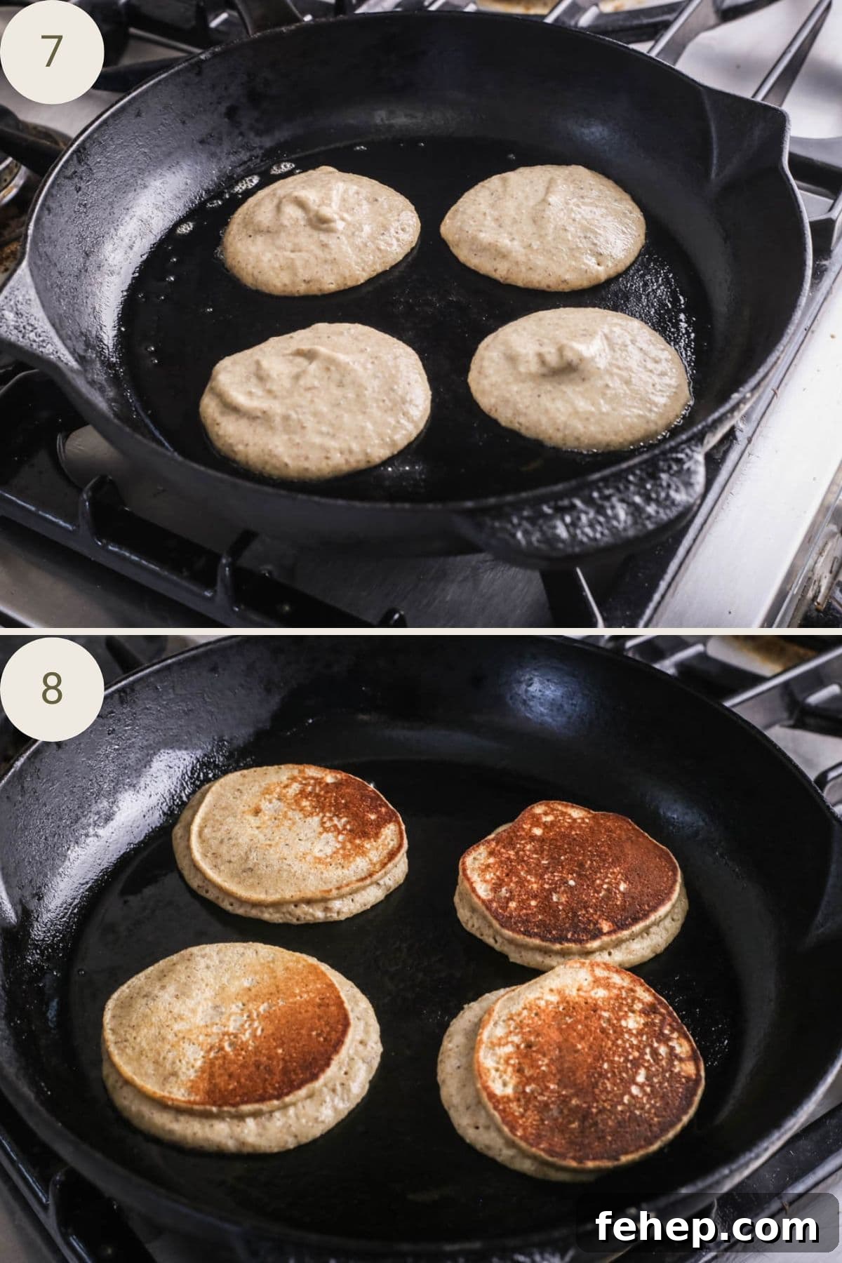 Banana Pancakes in a cast iron skillet. Cooking on one side and then the other until golden brown.