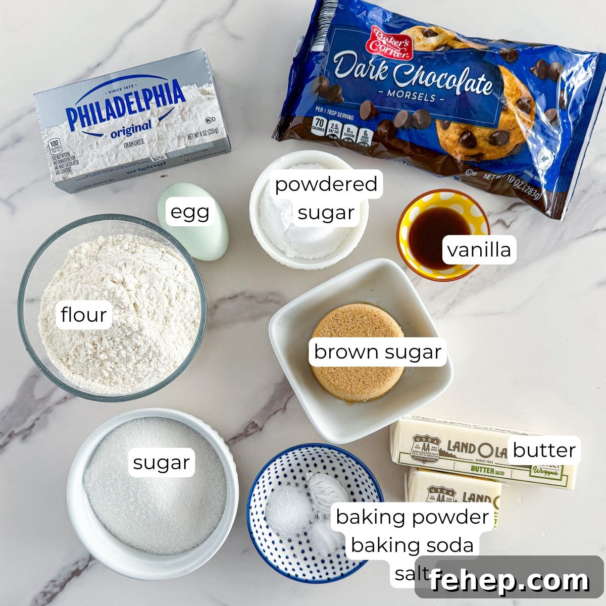 Chocolate chip cheesecake cookie ingredients.