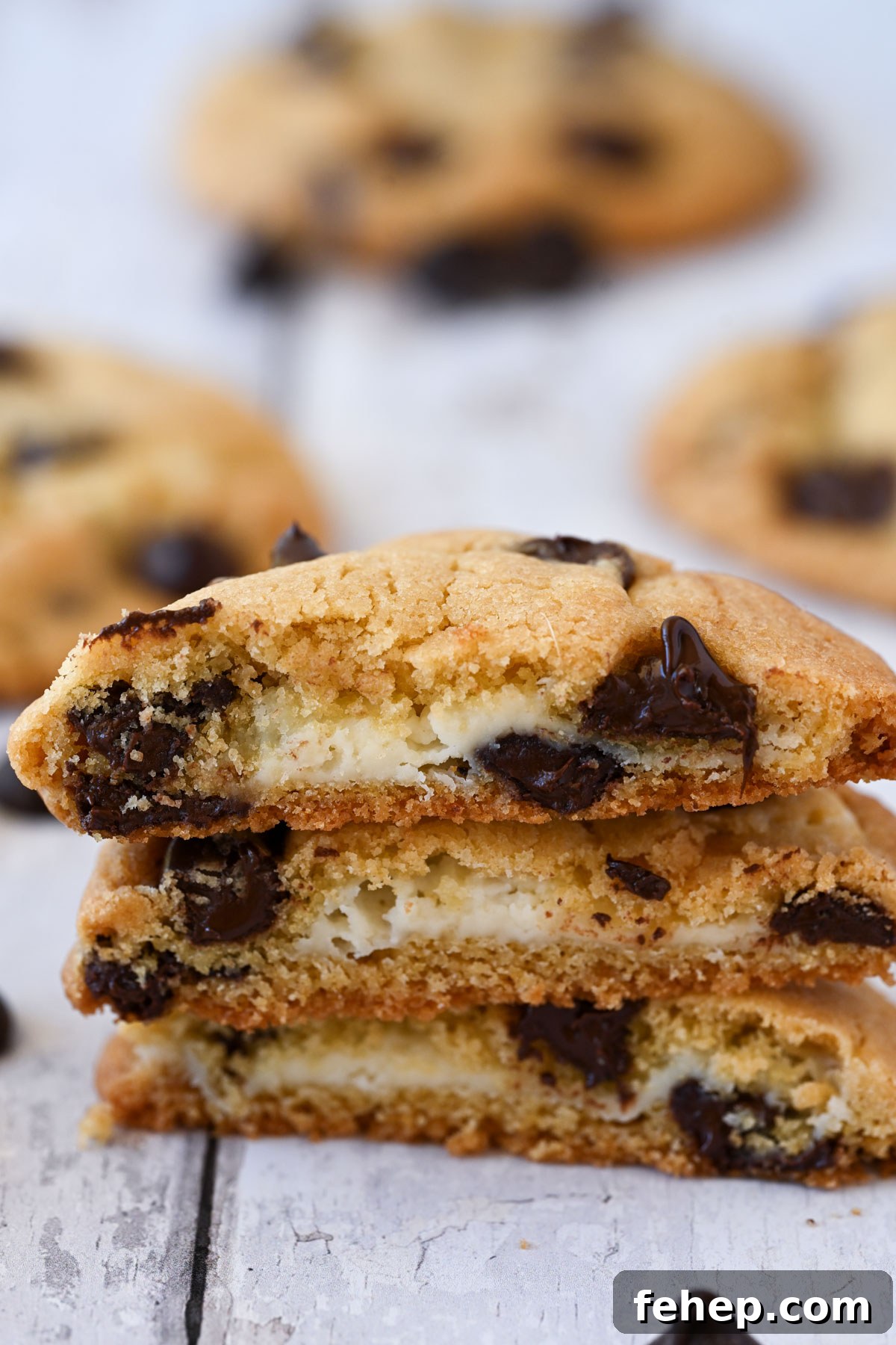 Stack of chocolate chip cheesecake cookies.