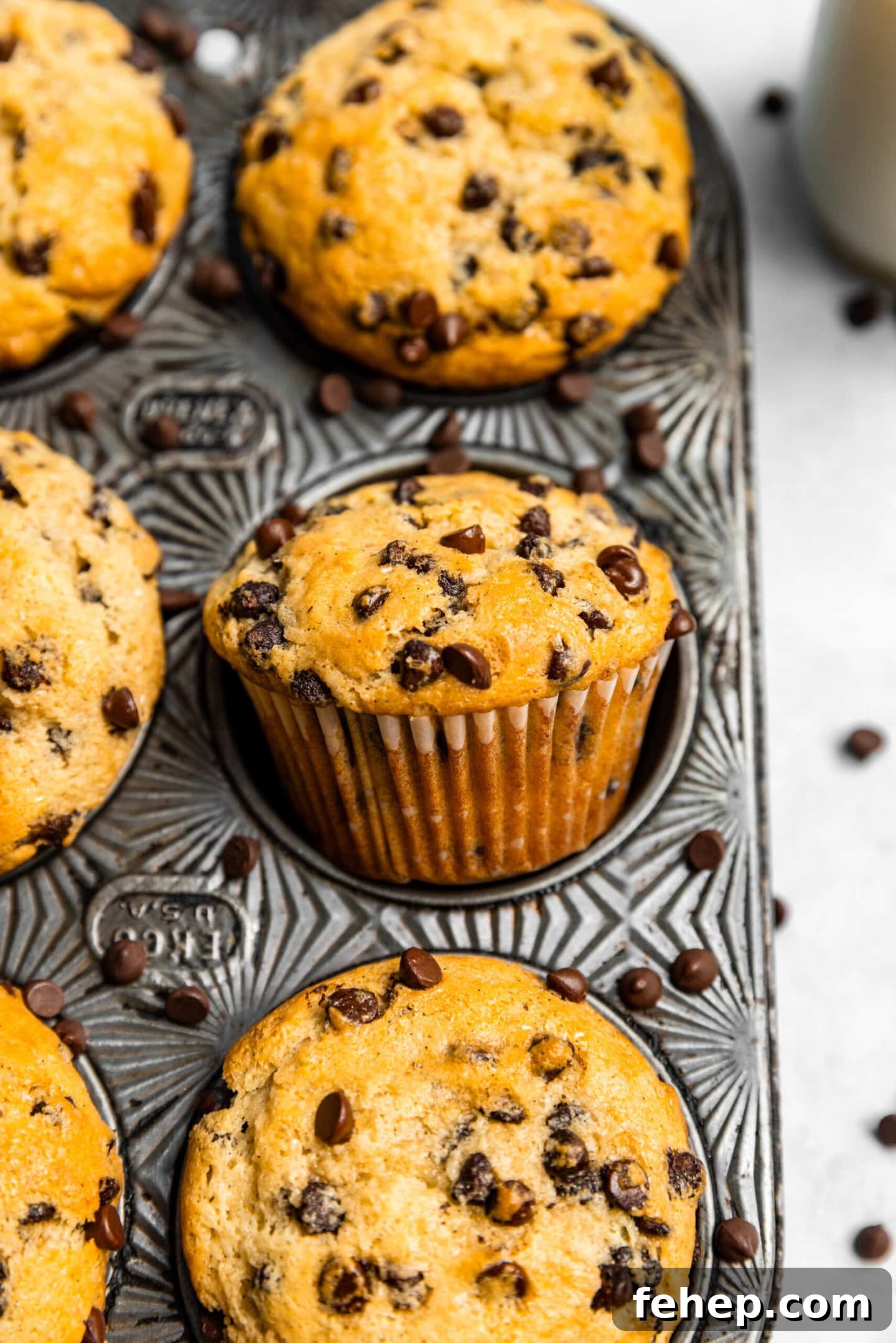 Small Batch Chocolate Chip Muffins with Sour Cream in a muffin pan surrounded by mini chocolate chips.