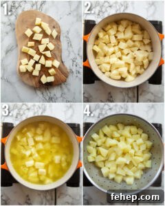4 step by step photos showing how to prepare breakfast potatoes