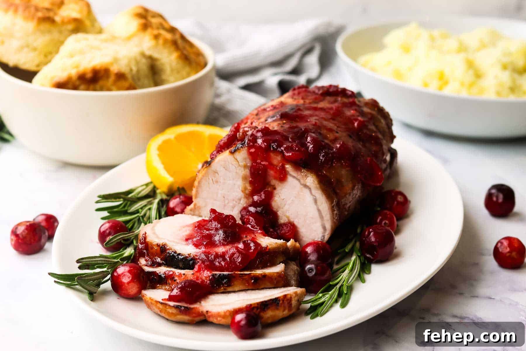 cranberry glazed pork loin roast served on a platter