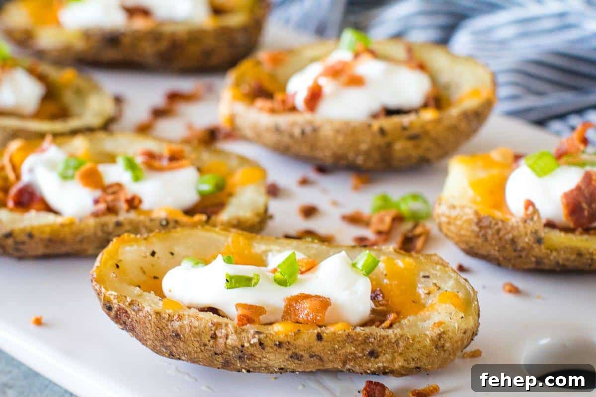 Potato Skins with sour cream, chives, and bacon on cutting board