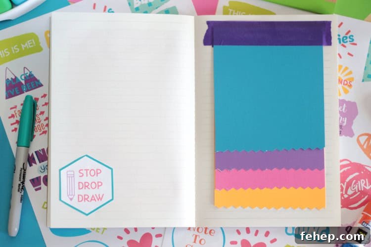 colored papers taped into book