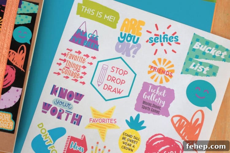 printed sheet of smash book decals