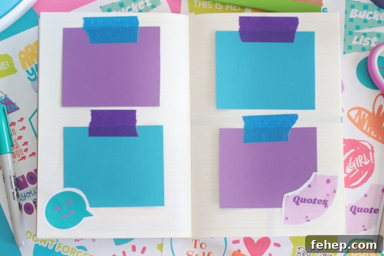 small squares of purple and blue paper taped into book
