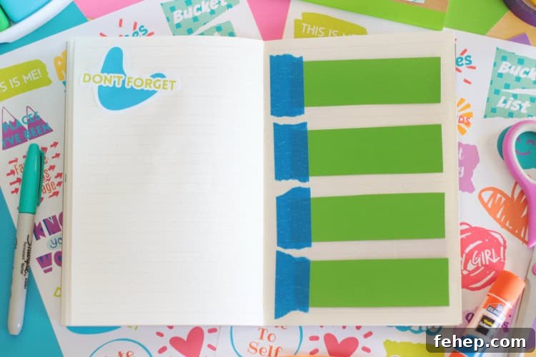 taped strips of paper in book