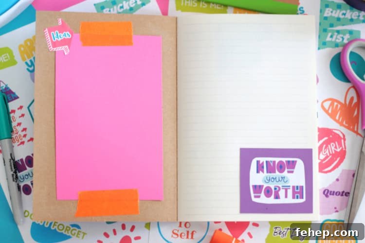 pink paper tapes inside cover of smash book