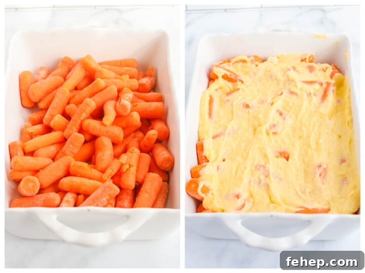 putting the carrots in the casserole dish and topping with cheese sauce.