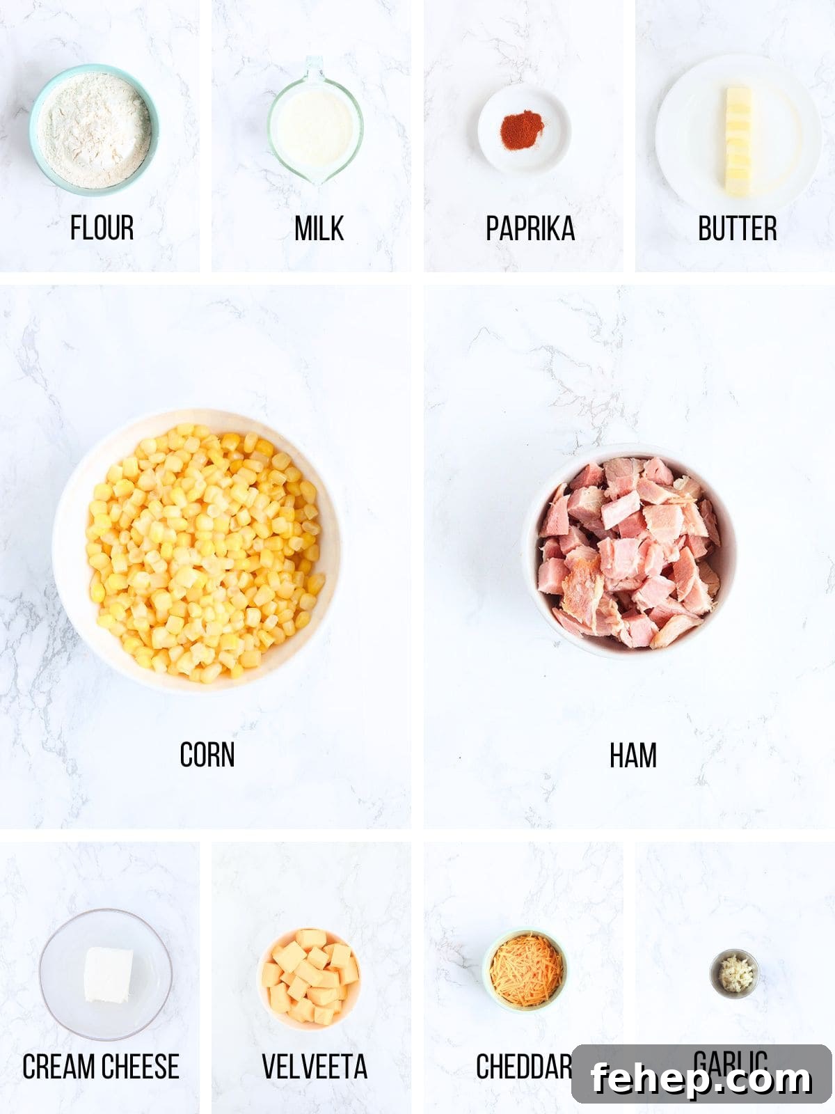 Collage of ingredients needed to make cheesy corn casserole.