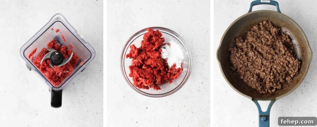 step by step- beef in the food prcossor, beef in a bowl, beef in a pan