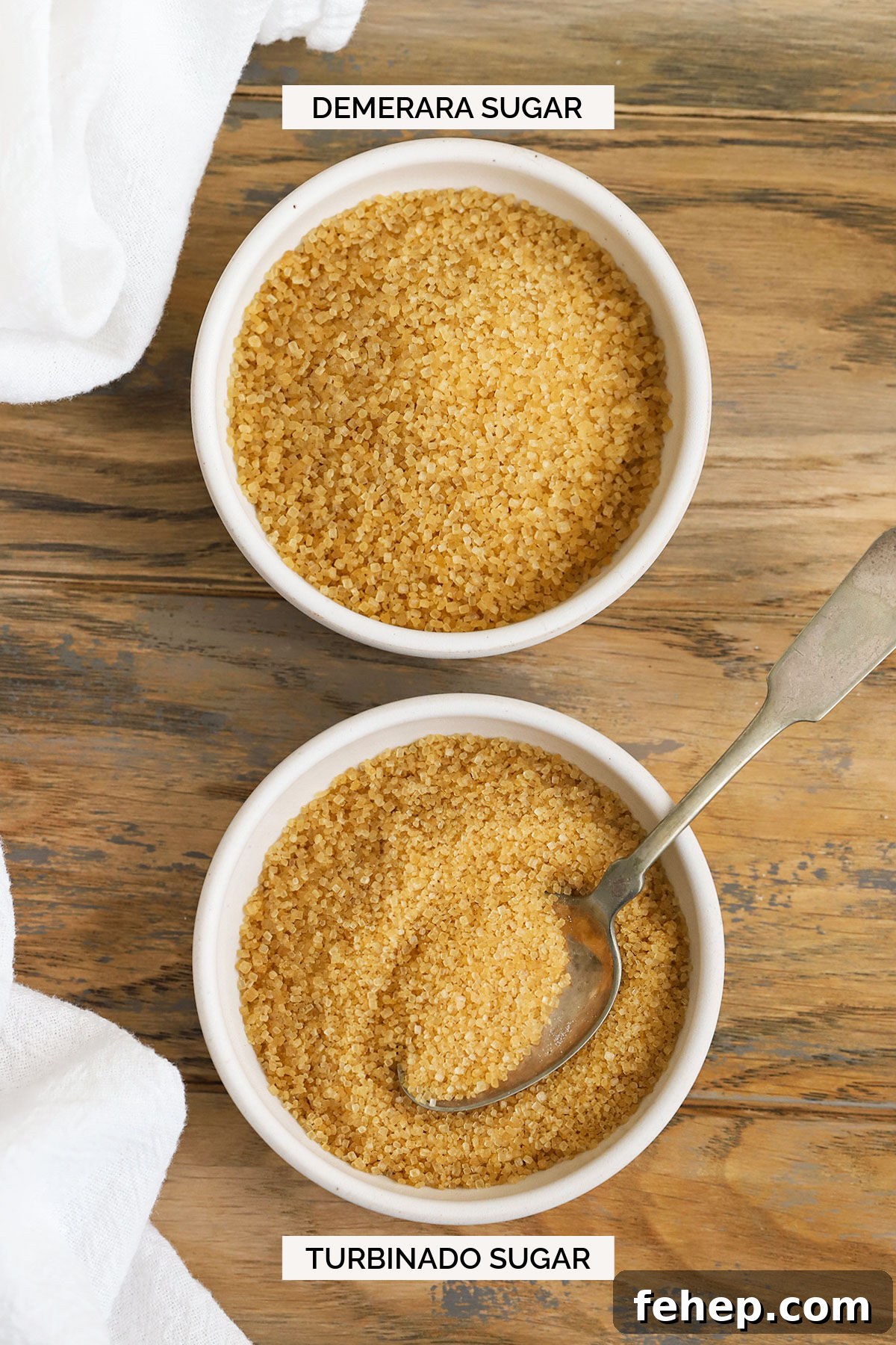 turbinado sugar and demerara sugar in white bowls